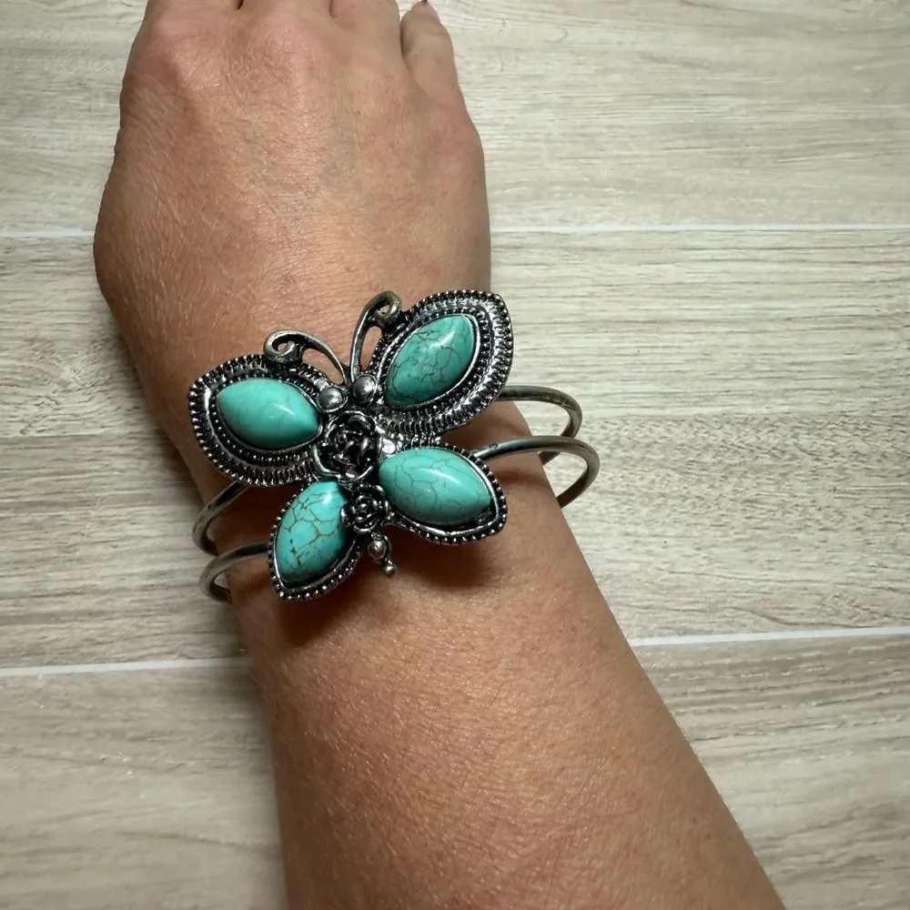 Butterfly Cuff Bracelet Silver Tone Turquoise Stones Boho Western Jewelry
